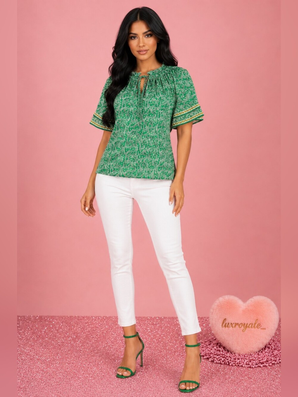 Nordstrom | Nordstrom Green Floral Boho Blouse Top | White Trim Peasant Sleeve |